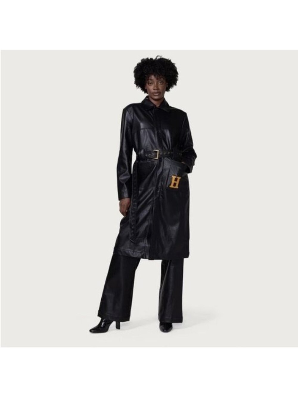 NWT Honor The Gift Vegan Leather Belted Trench Coat S Black Oversized Logo - Picture 1 of 15
